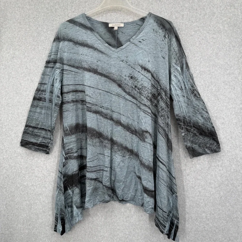 Jess & Jane Abstract Tunic Top 3/4 Sleeve Asymmetrical Hem Women's‎ Size Large